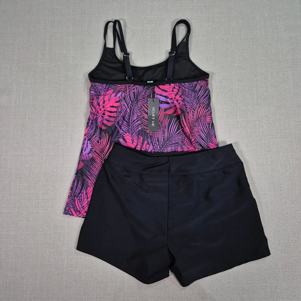 Tempt Me Womens Tankini Swimsuit Tropical Palm Purple Pink Boy Shorts Set XS NEW
